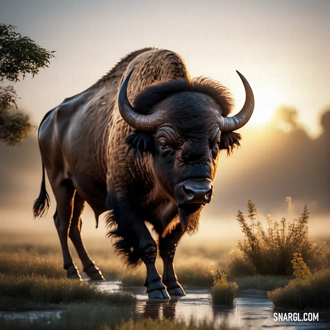 Bison is standing in a field at sunset with fog in the background