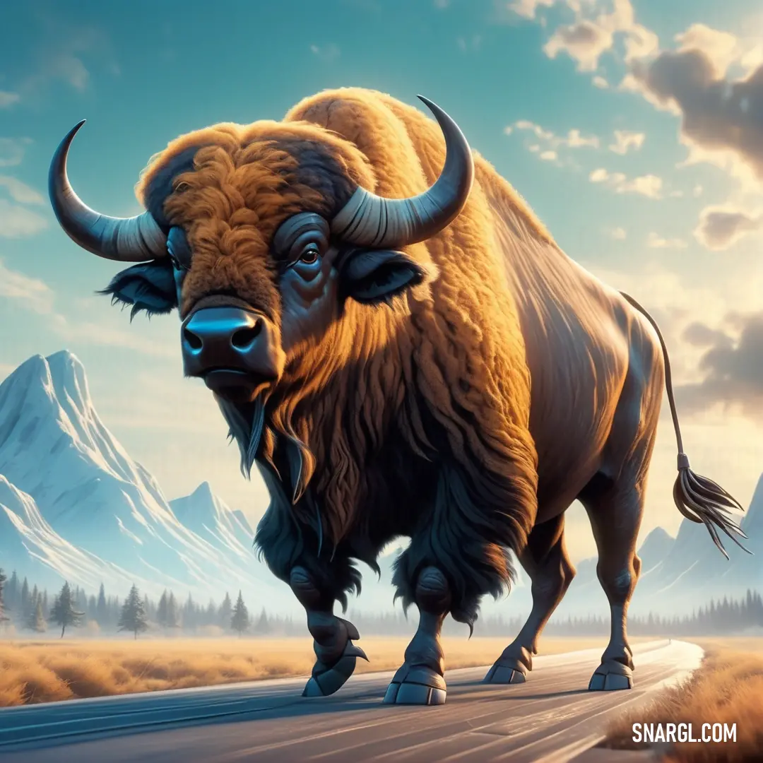 Bison is walking down a road in the mountains with a sky background