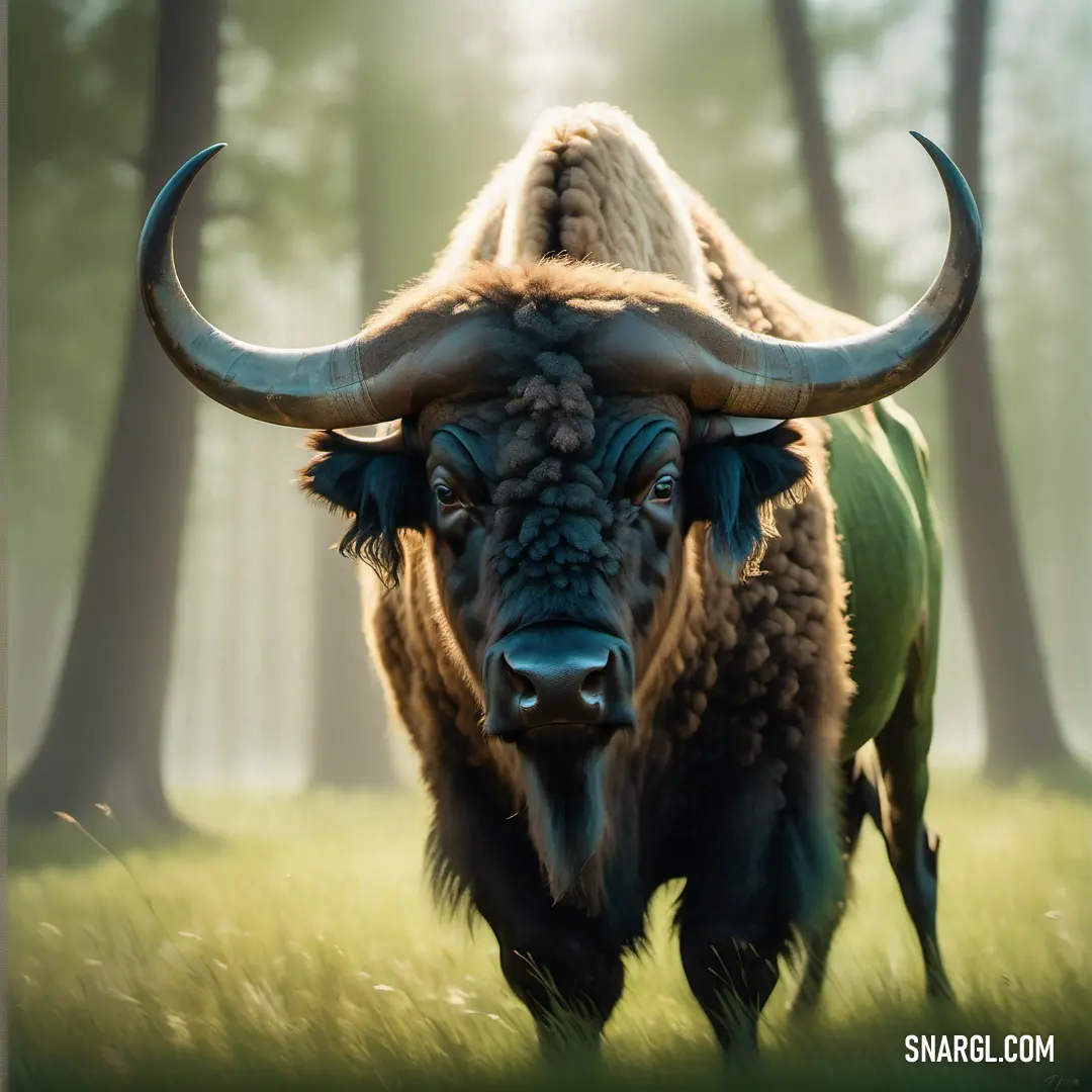 Bison with large horns standing in a forest with tall grass and trees in the background