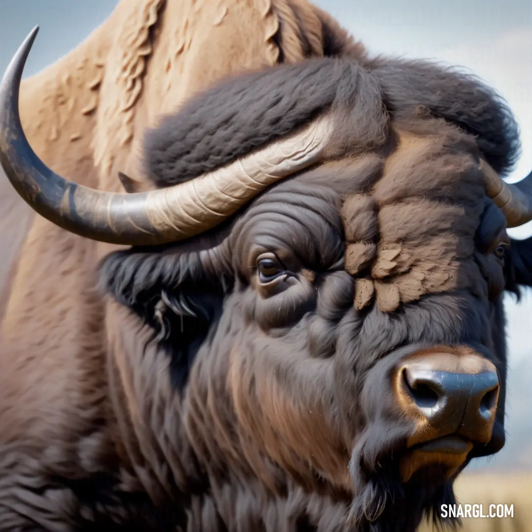 Close up of a bison with very long horns and very thick hair on it's head and a sky background