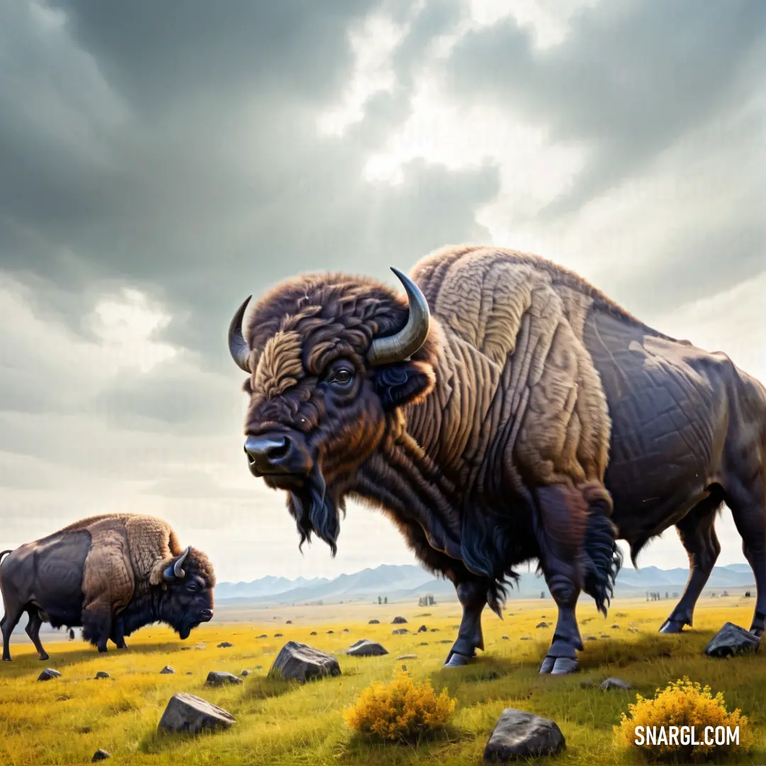 Couple of bison standing on top of a grass covered field next to rocks and grass covered ground with a sky background