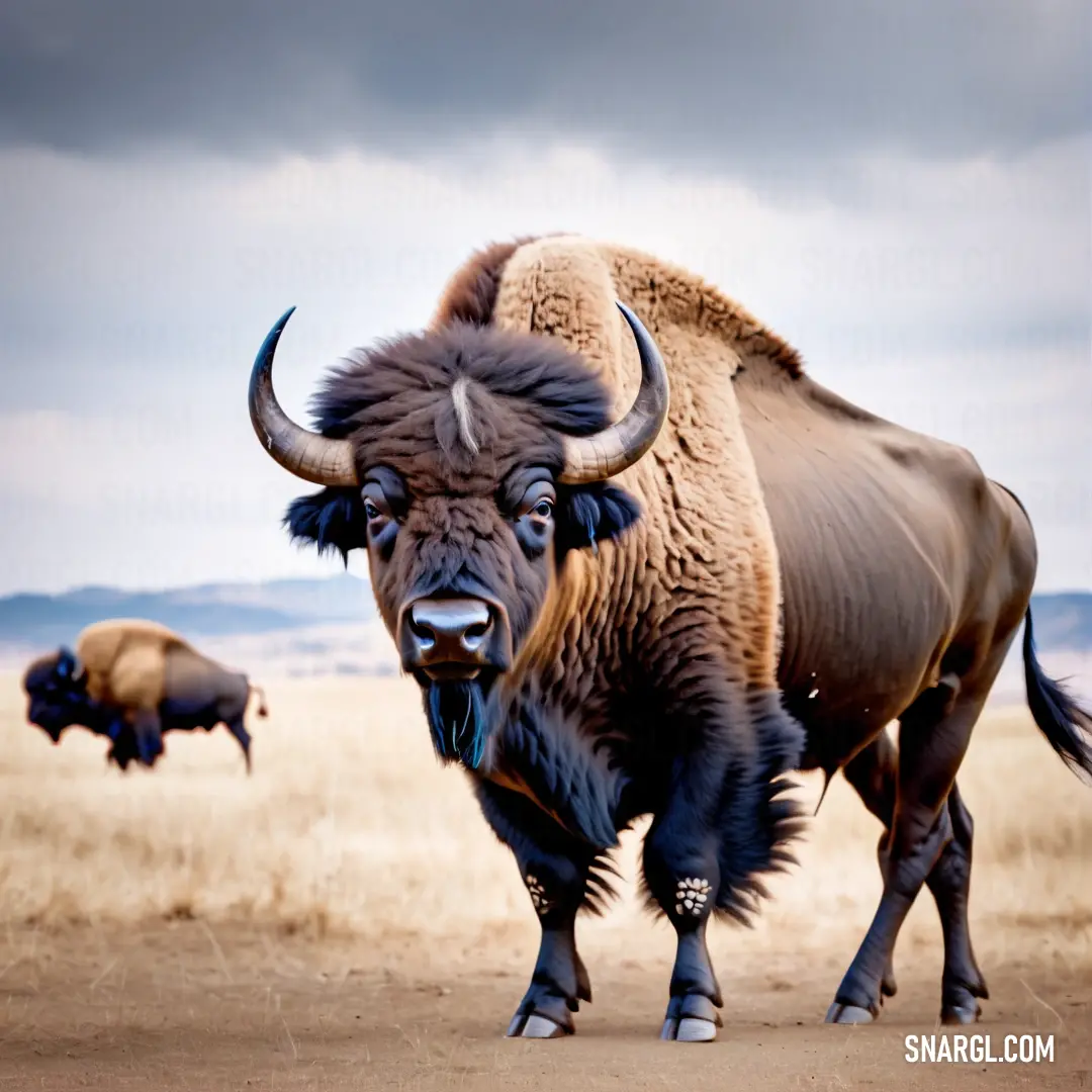 Large bison standing on a dirt road in a field of grass and dry grass with mountains in the background