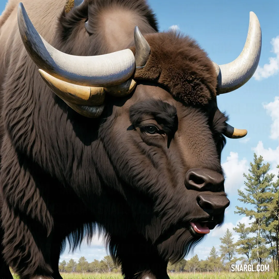 Large bison with large horns standing in a field of grass and trees in the background