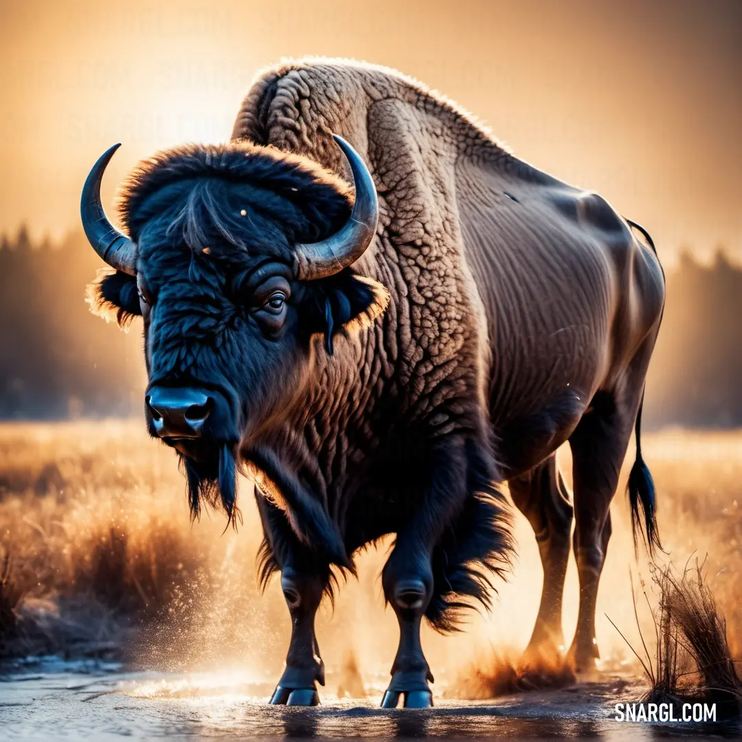 Large buffalo standing in a field of grass and water at sunset with a sunbeam in the background