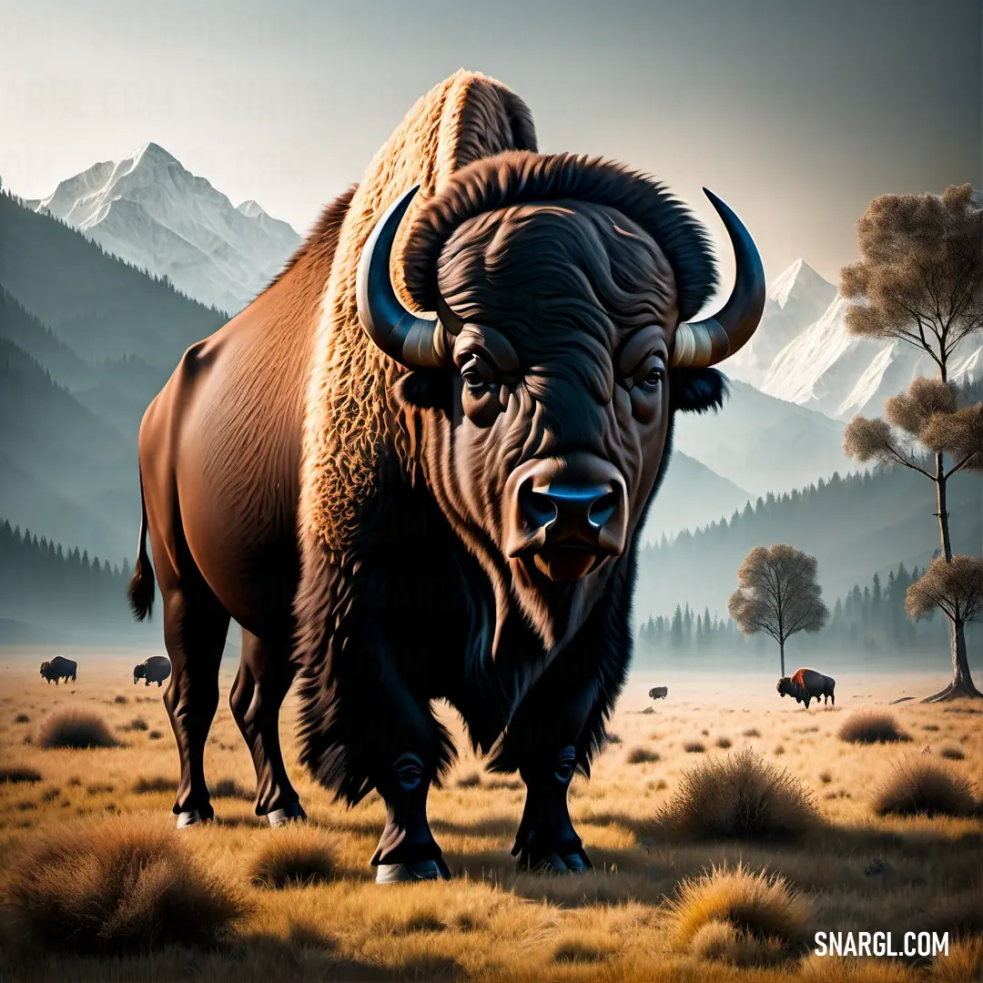 Painting of a bison in a field with mountains in the background