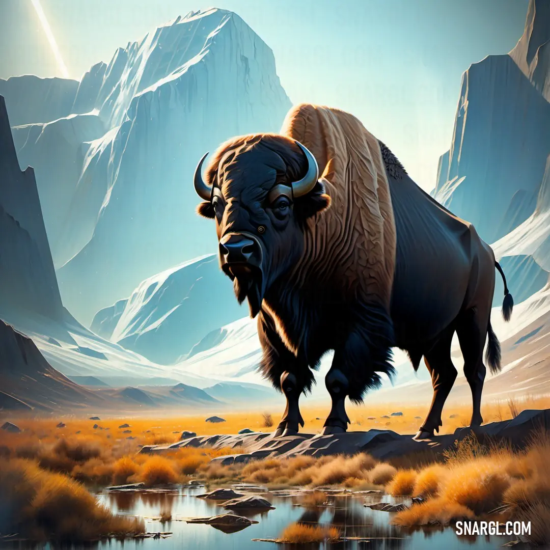 Painting of a bison standing in a desert landscape with mountains in the background