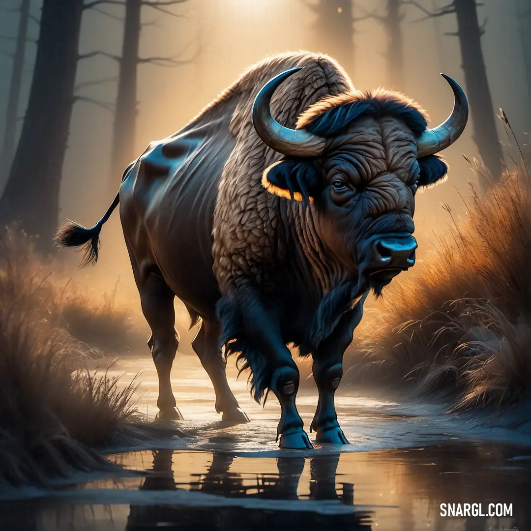 Painting of a bison walking through a swampy area at night with the sun shining through the trees