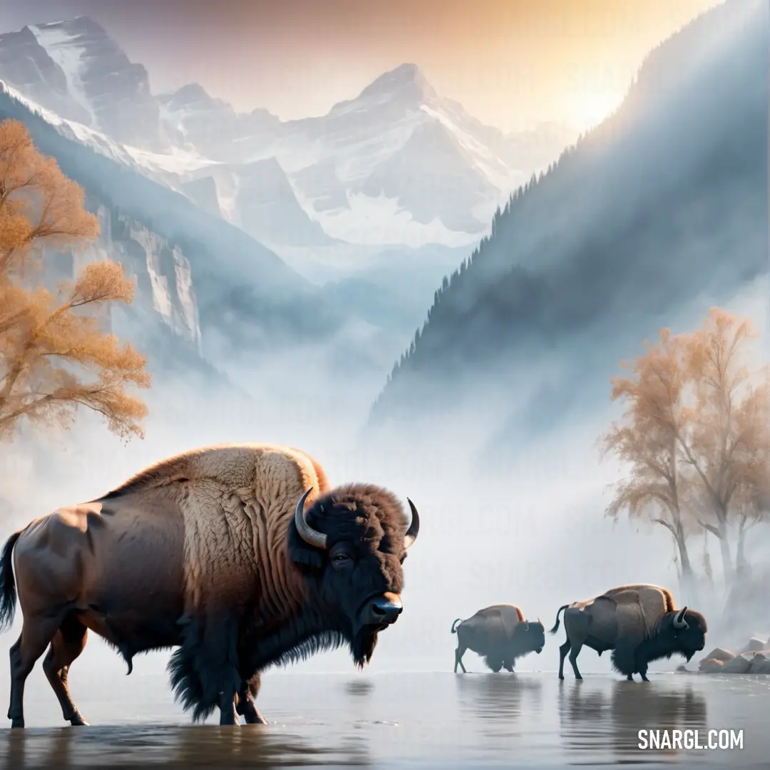 Painting of a bison and other animals in a misty mountain scene with fog