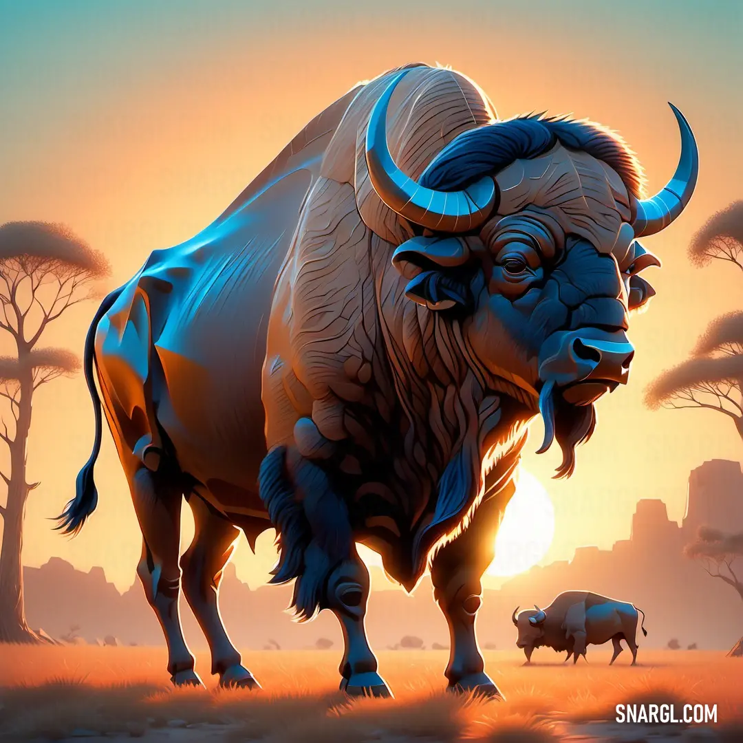 Painting of a buffalo standing in a field with a sunset in the background