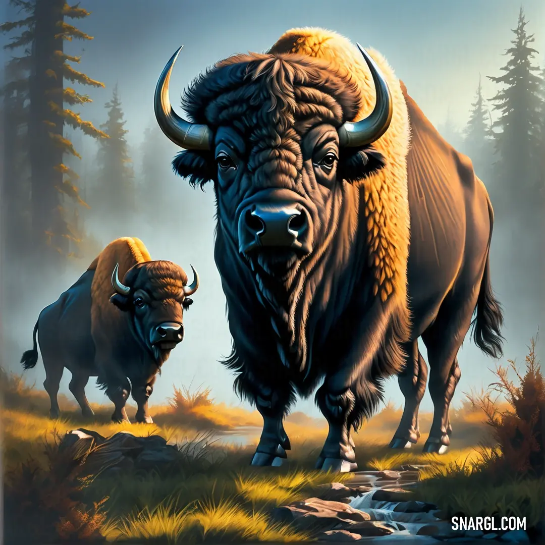 Painting of two bison standing in a field of grass and trees