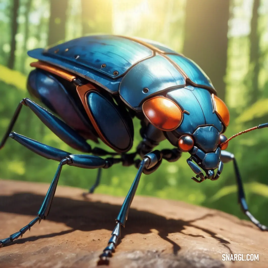 Blue bug with orange eyes standing on a rock in the woods with a green background