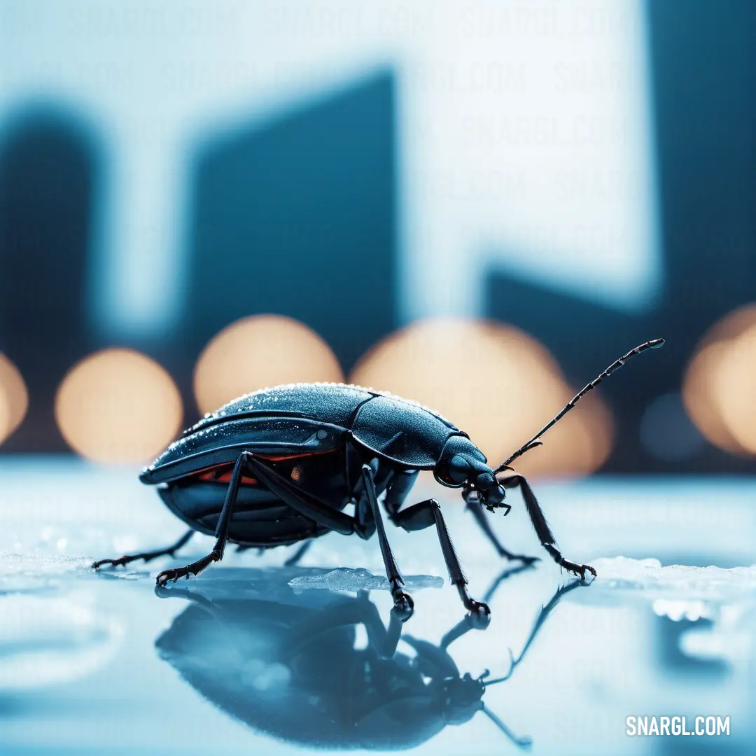 Bug on top of a table next to a building with lights in the background