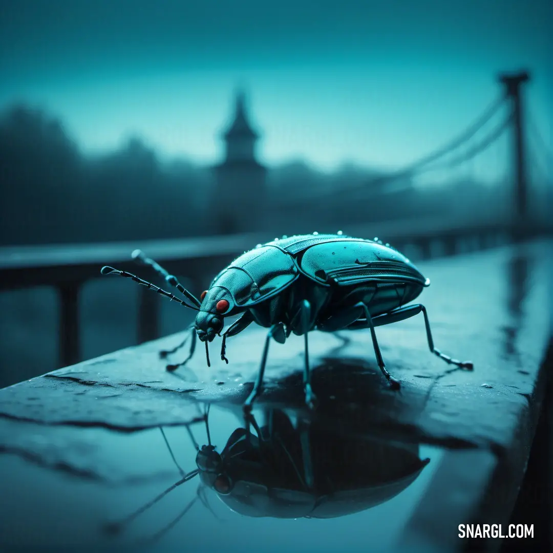 Bug that is on a table in the rain with a bridge in the background