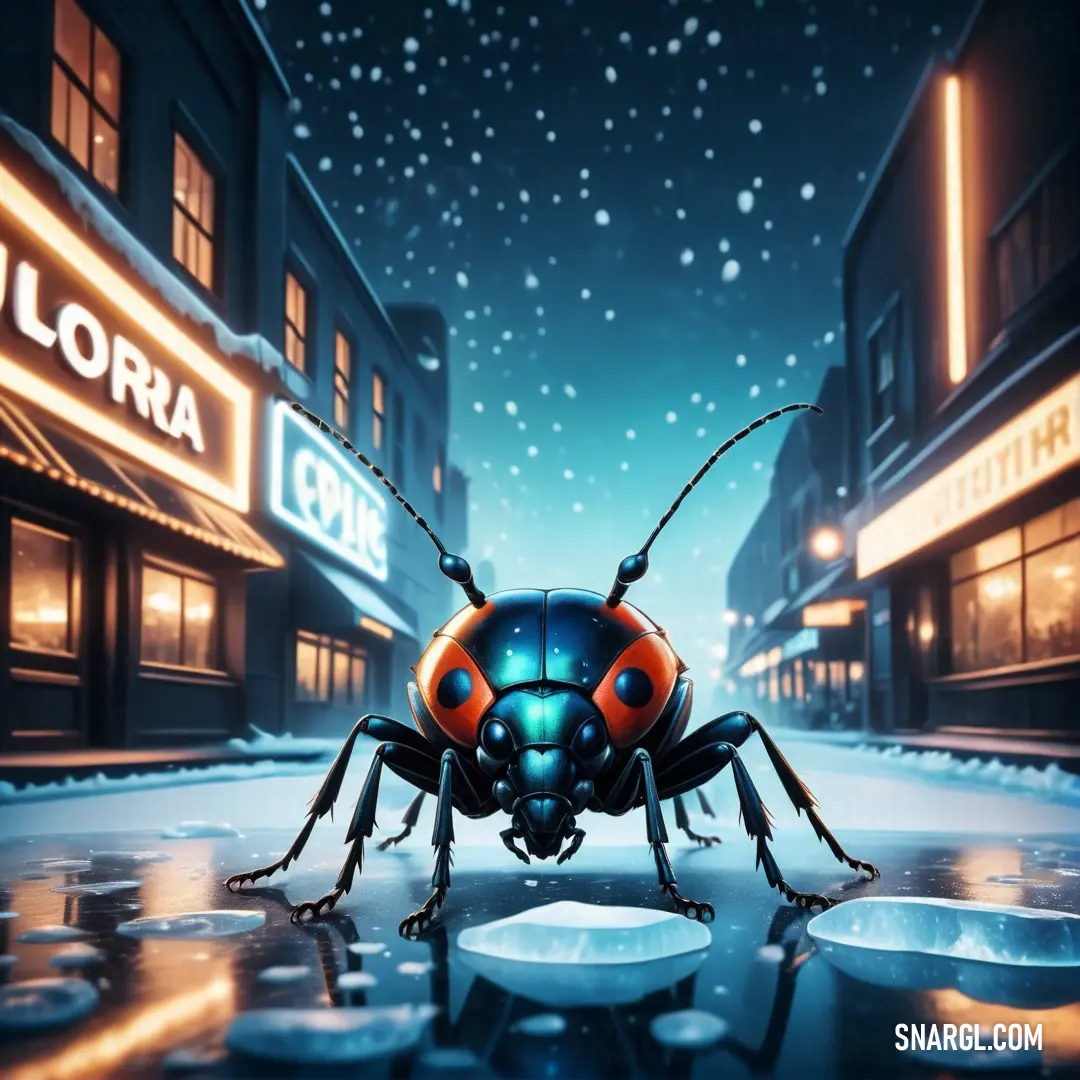 Bug that is standing in the snow near a building and a street sign that says aurora on it