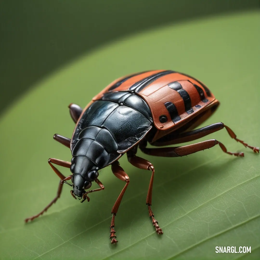 Bug with a black and orange stripe on its body on a green leaf with a black