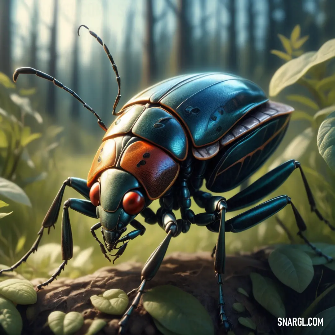 Bug with a red and blue face is standing on a rock in the woods with green leaves and grass