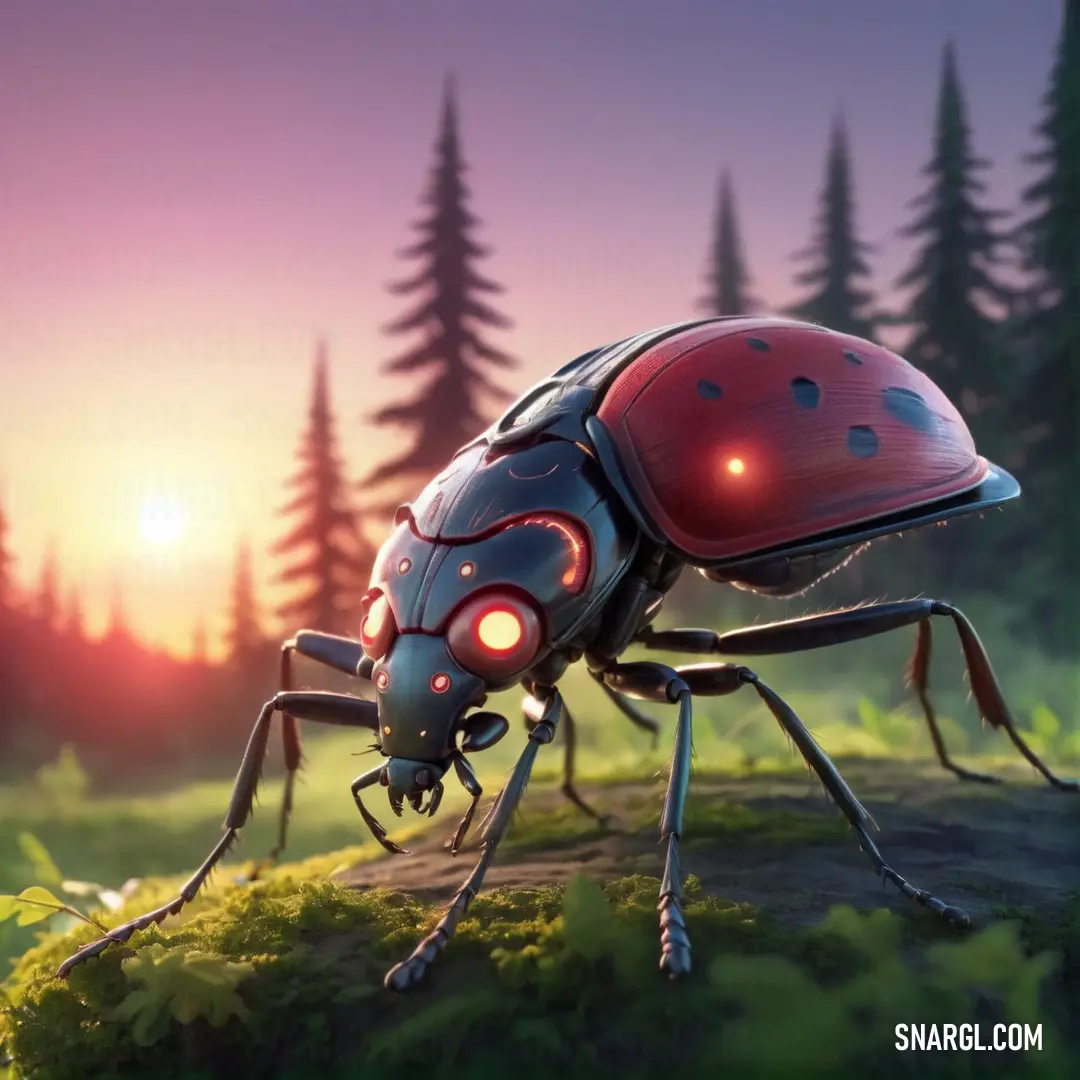 Bug with a red light on its head and legs, standing in a field with trees in the background