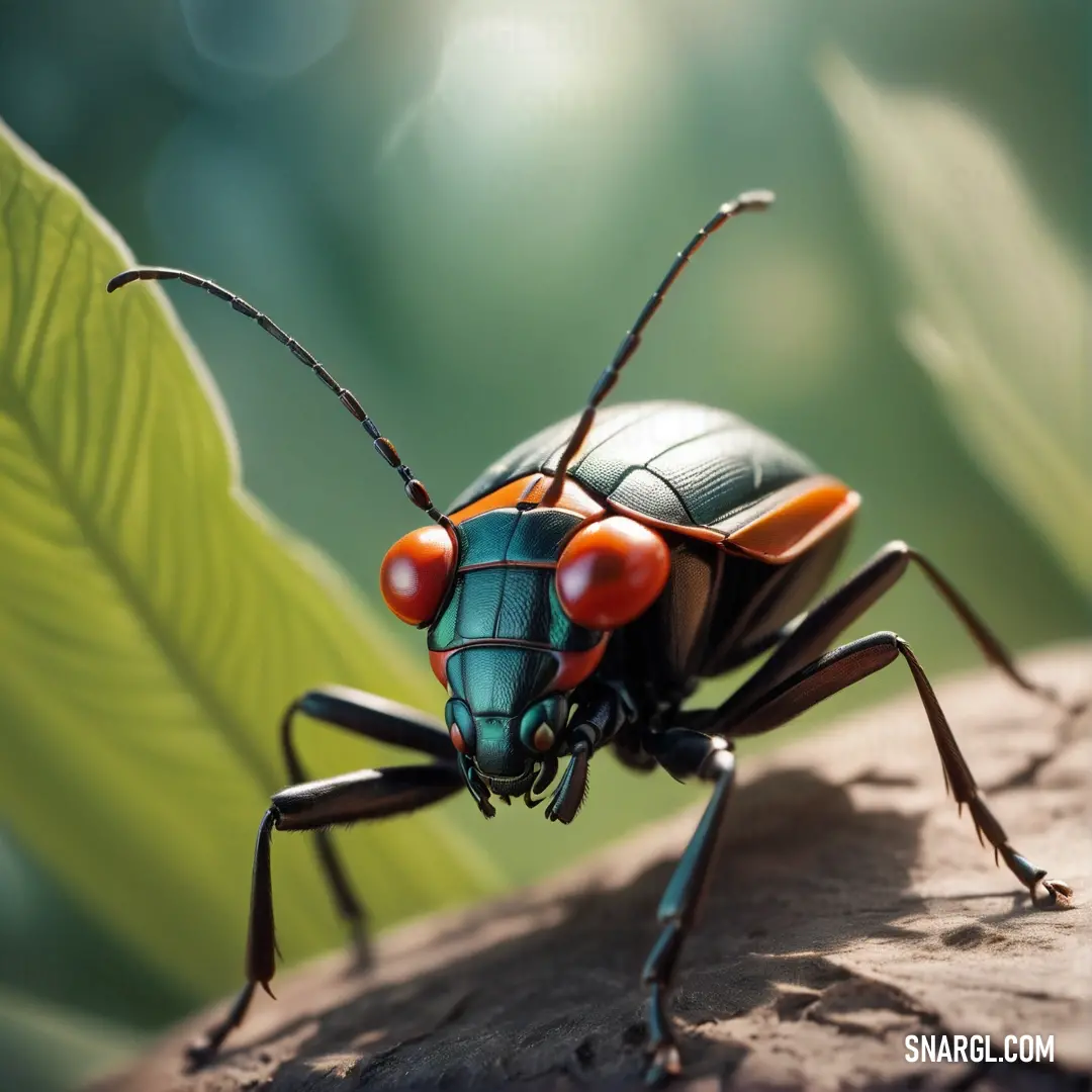 Bug with two red eyes and a green body on a rock with leaves in the background