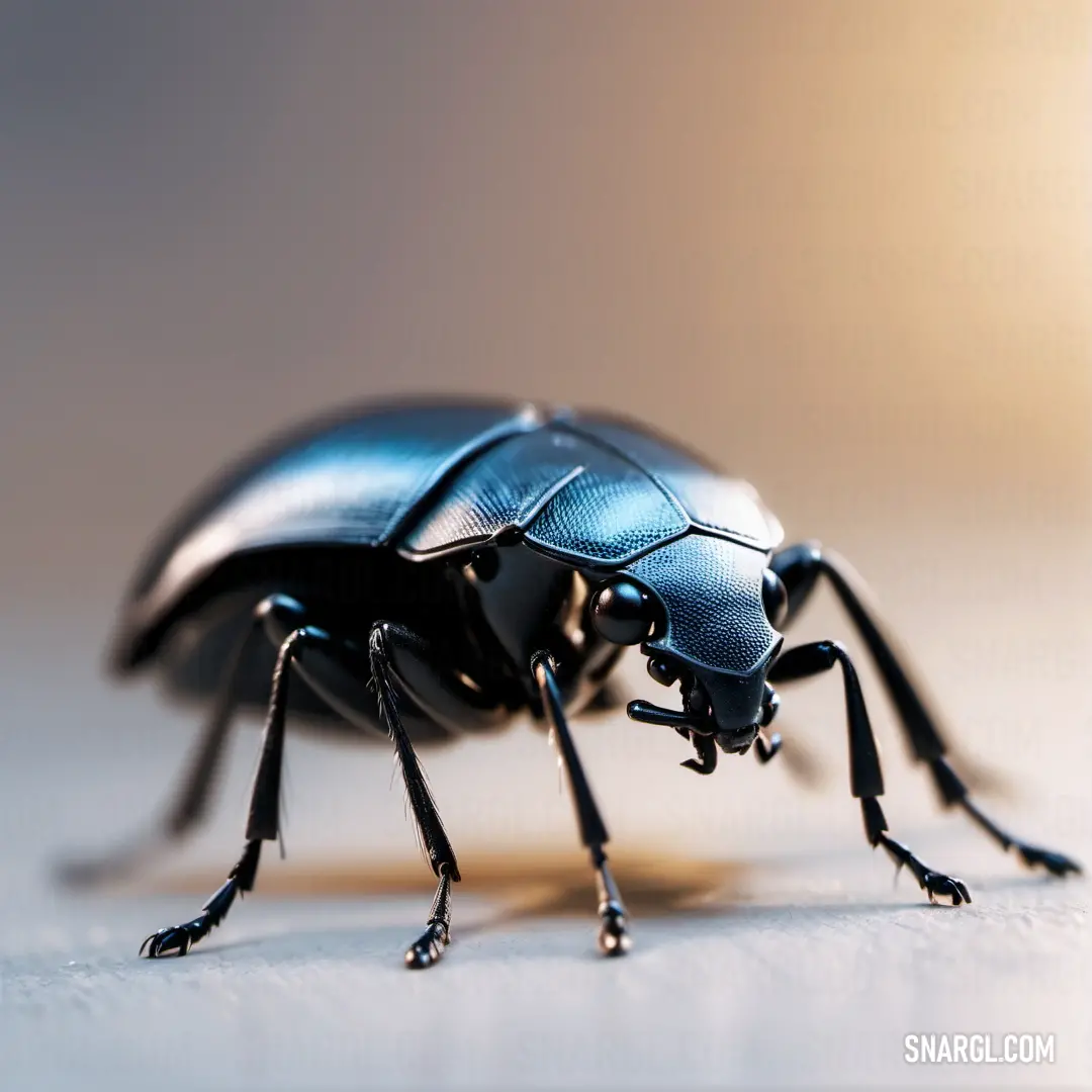 Close up of a blue beetle on a white surface with a light in the background