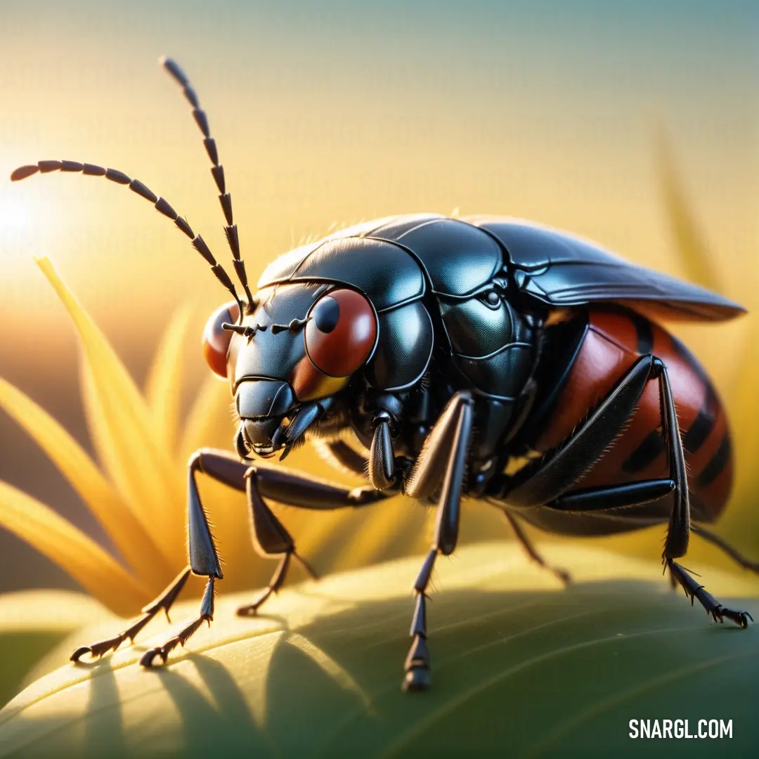 Close up of a bug on a leaf with a sun in the background