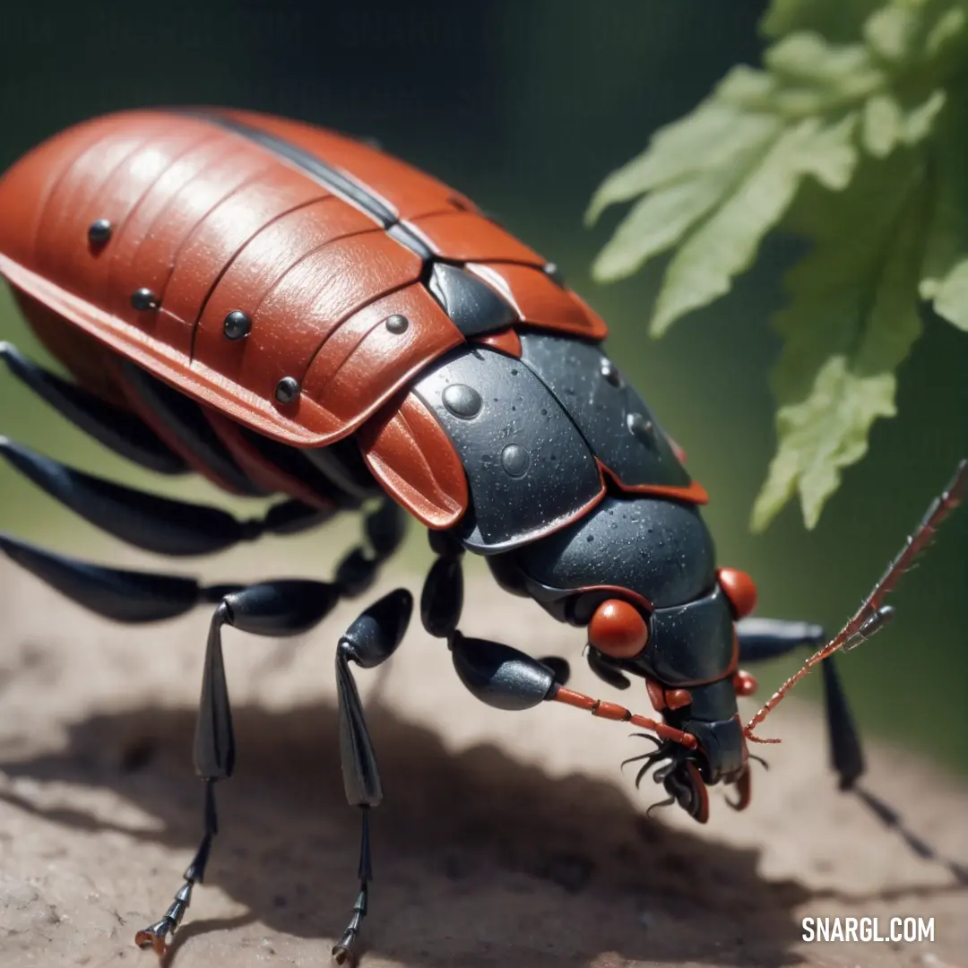 Close up of a bug on a rock near a plant with leaves in the background