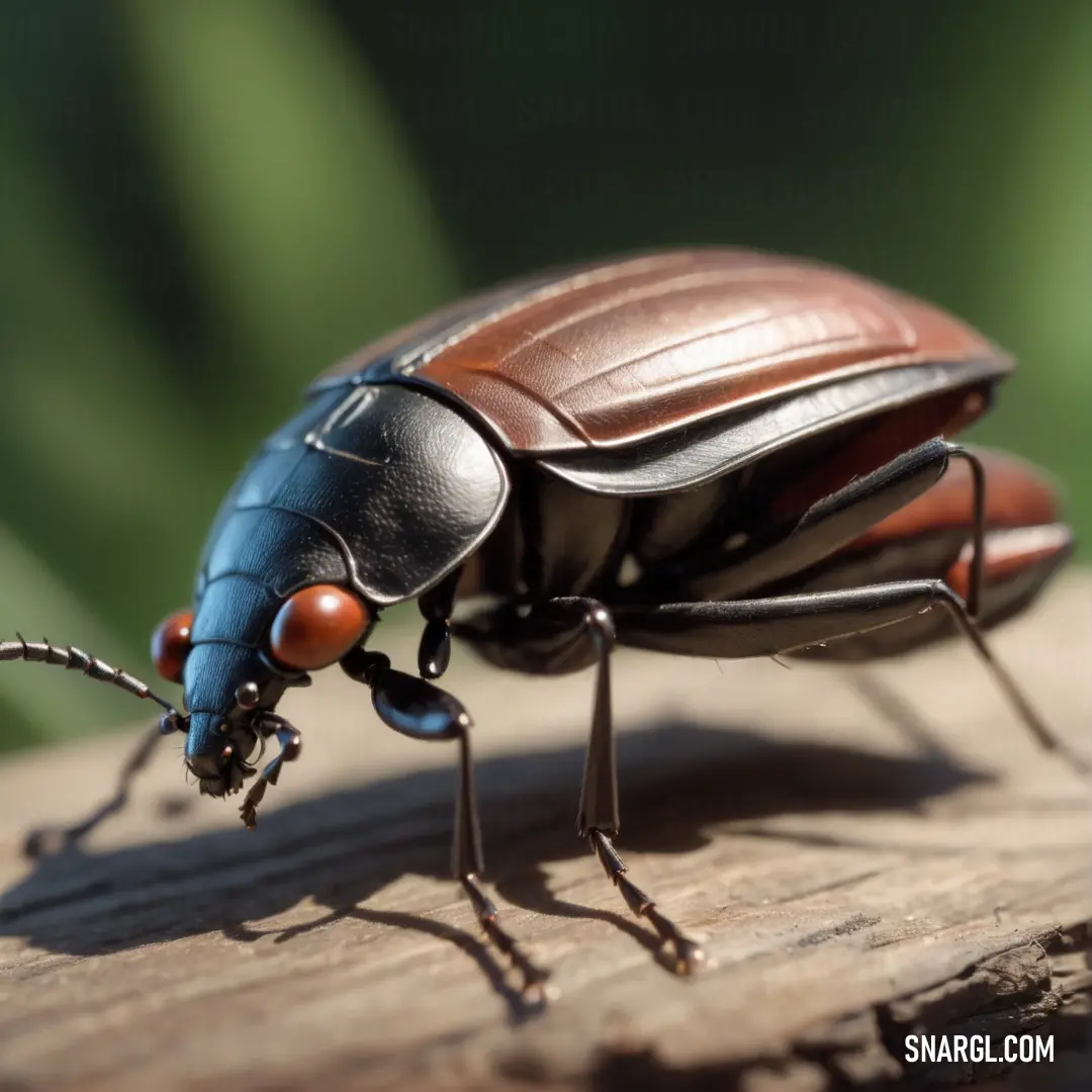 Close up of a bug on a wooden surface with a blurry background