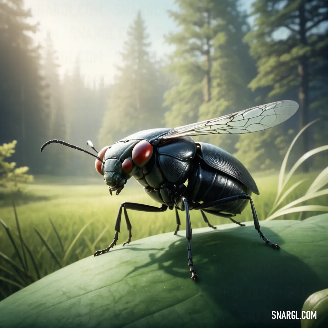 Close up of a bug on a leaf in a field of grass and trees in the background