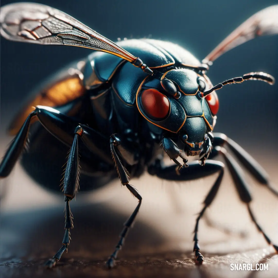 Close up of a fly on a table with a blurry background