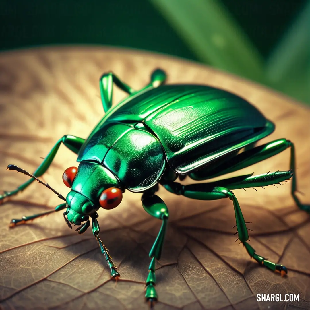 Green bug on top of a leaf on a table with red berries on it's legs