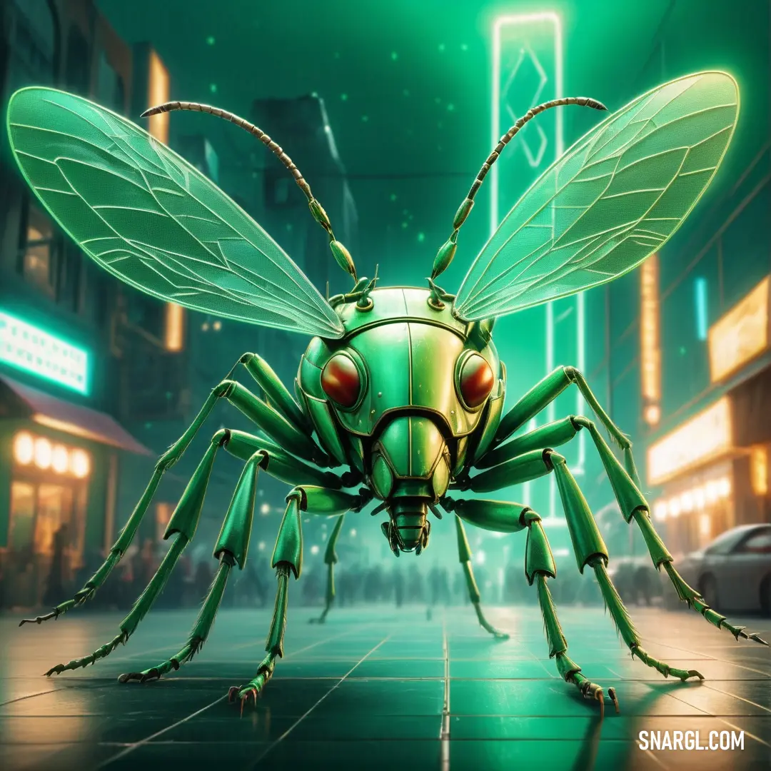 Green insect with large eyes standing on a tiled floor in a city at night with neon lights and a neon green background