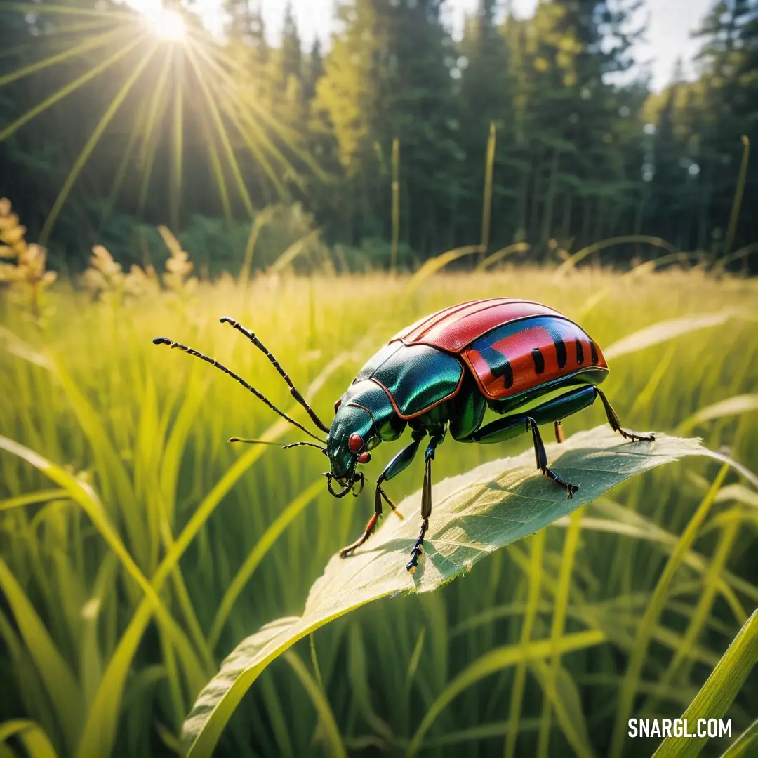 Red and black bug on top of a leaf in a field of grass with the sun shining behind it