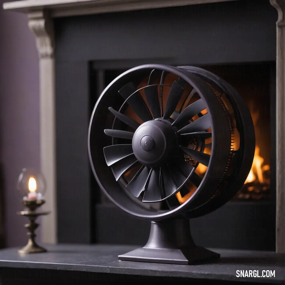 A sleek black fan sits elegantly atop a rustic table, with the soft glow of a lit candle in the background and a cozy fireplace beyond, forming a perfect scene of comfort and warmth.