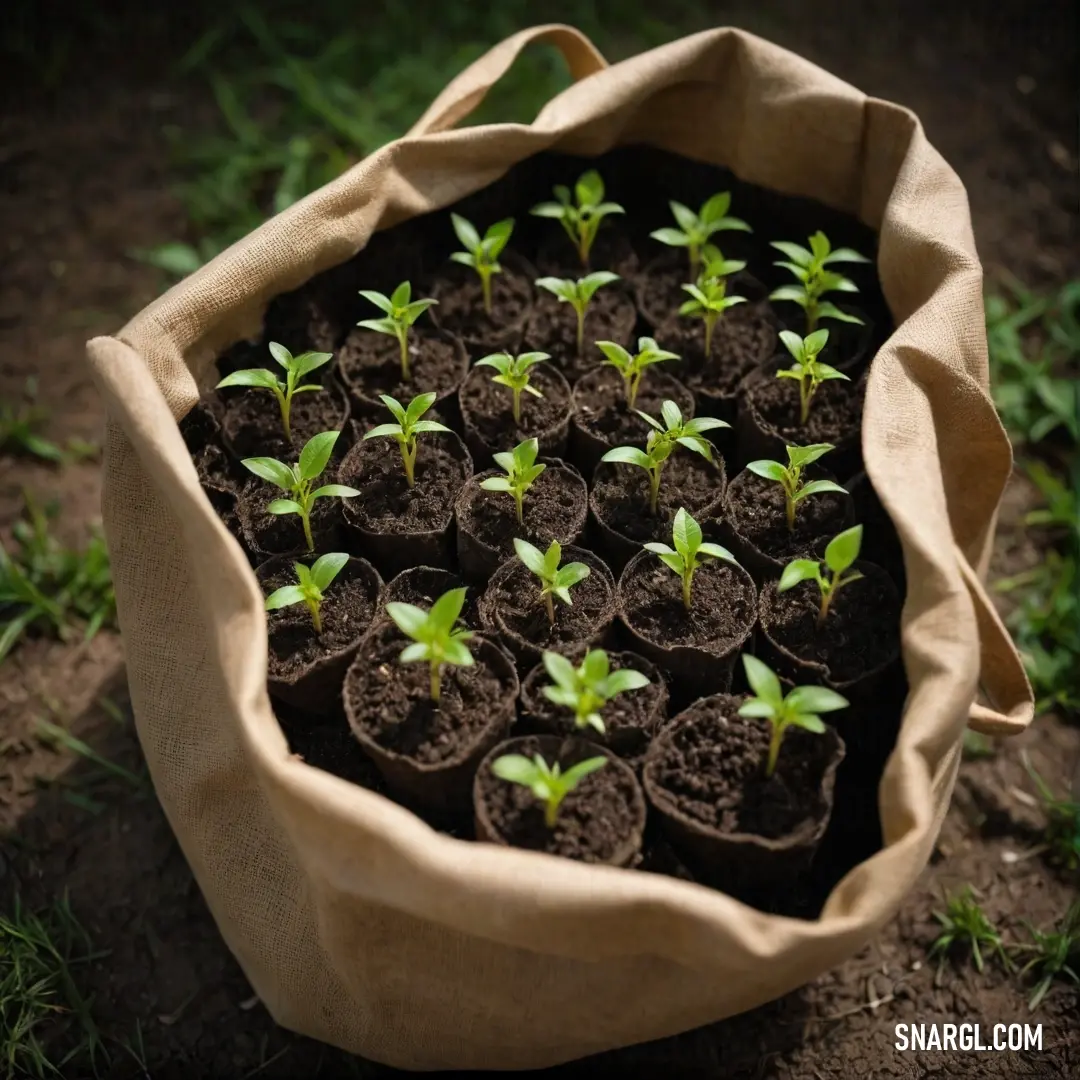 A burlap bag overflowing with vibrant, lush green plants, resting on a textured earth background speckled with grass. The color scheme reflects a rich nature-inspired palette akin to the #480607 hue.