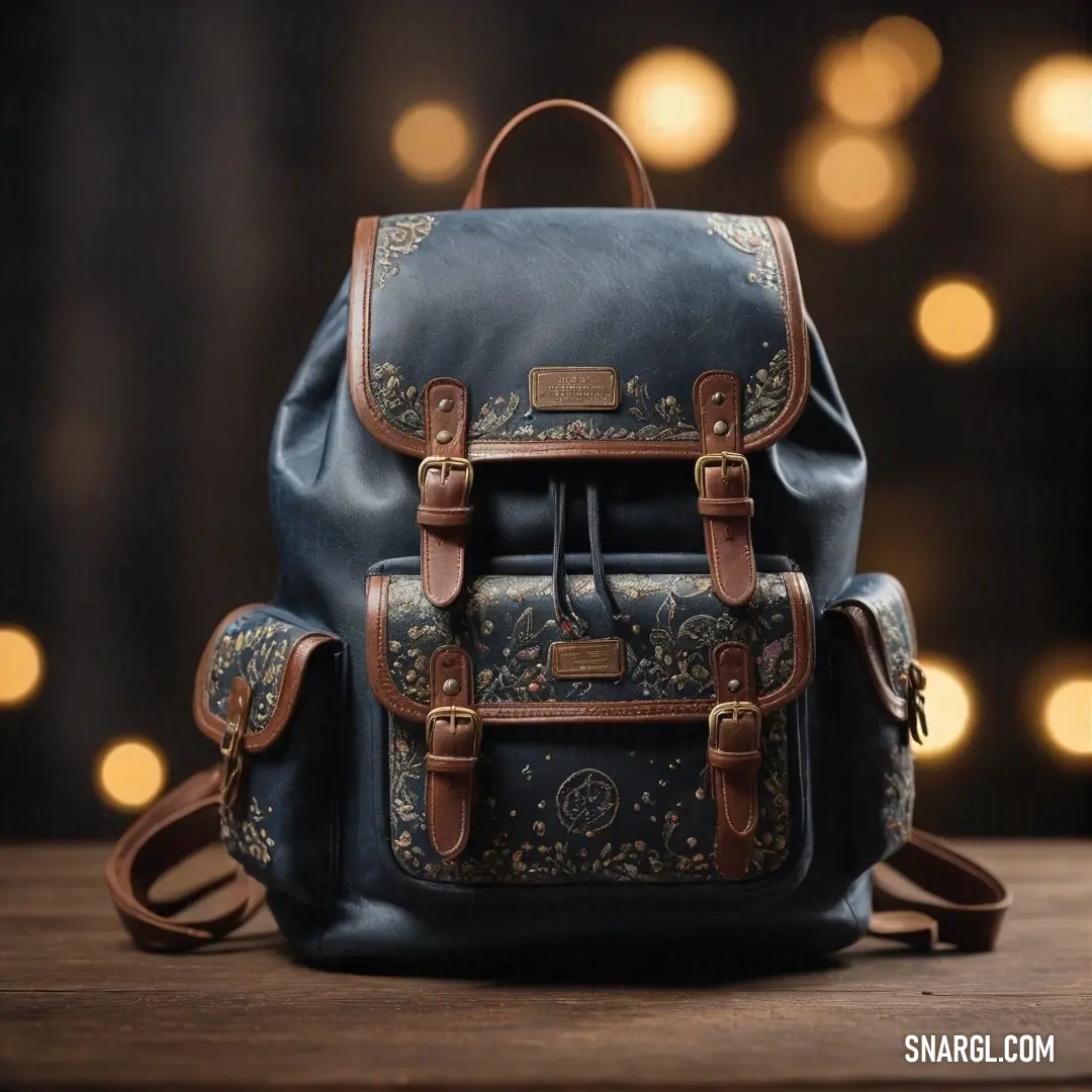 An elegant black and brown backpack rests on a rustic wooden table adorned with twinkling string lights, exuding a warm and inviting ambiance perfect for any cozy setting.