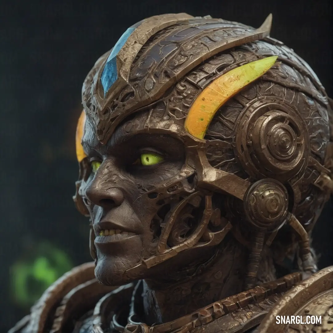 A close-up of a statue depicting a man with horns and glowing yellow eyes. The striking contrast of the deep red tones with the intense yellow gaze gives the piece an ominous yet captivating presence.