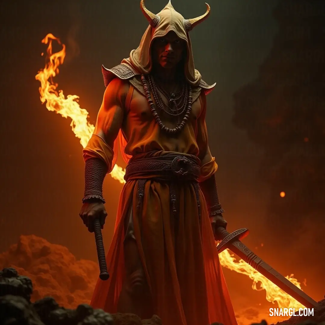 A mysterious man dressed in a detailed costume stands bravely by a flickering fire, holding a sword aloft, while a devilish companion sits on his shoulder, creating an intriguing scene.