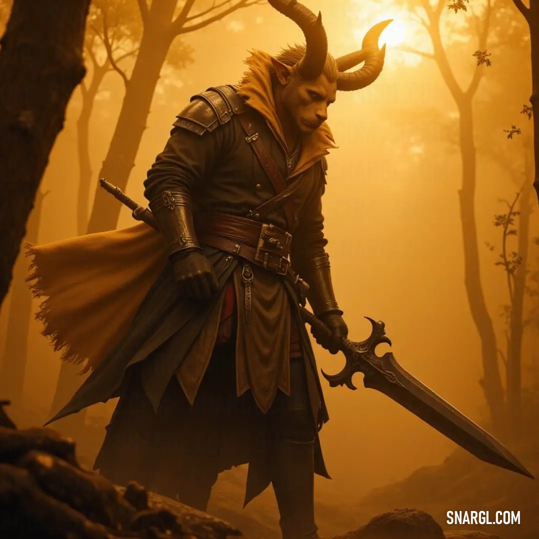 A man clad in a horned costume and brandishing a sword stands defiantly amid a foggy forest. The ethereal atmosphere enhances this mythical tableau, sparking imagination and tales of bravery and adventure within nature's embrace.