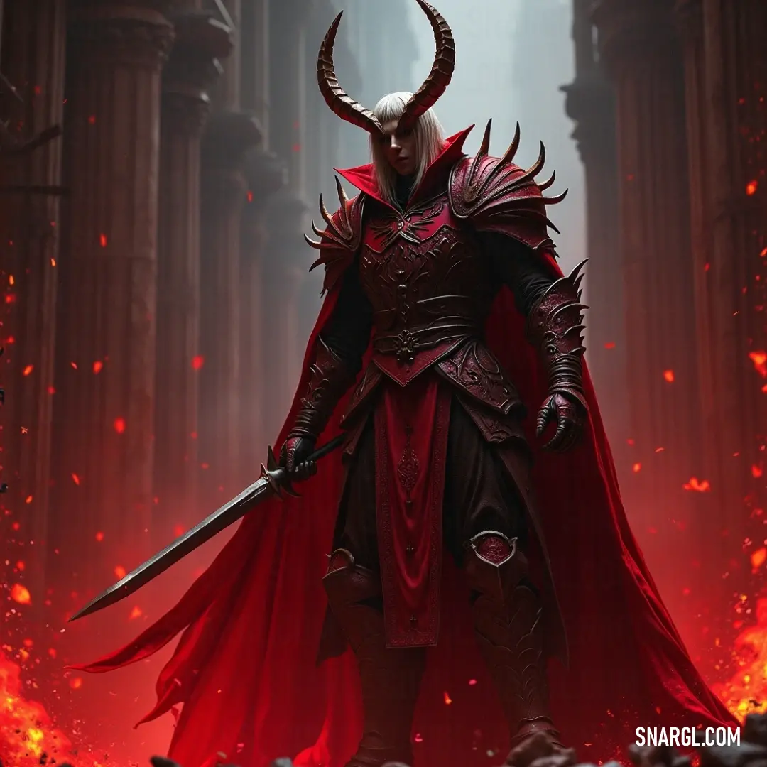 A mysterious figure emerges from the shadows, donning an intense red cloak and a horned helmet, wielding a sword with a sense of purpose in a dimly lit environment awash in deep, brooding hues, hinting at an intriguing story waiting to unfold.