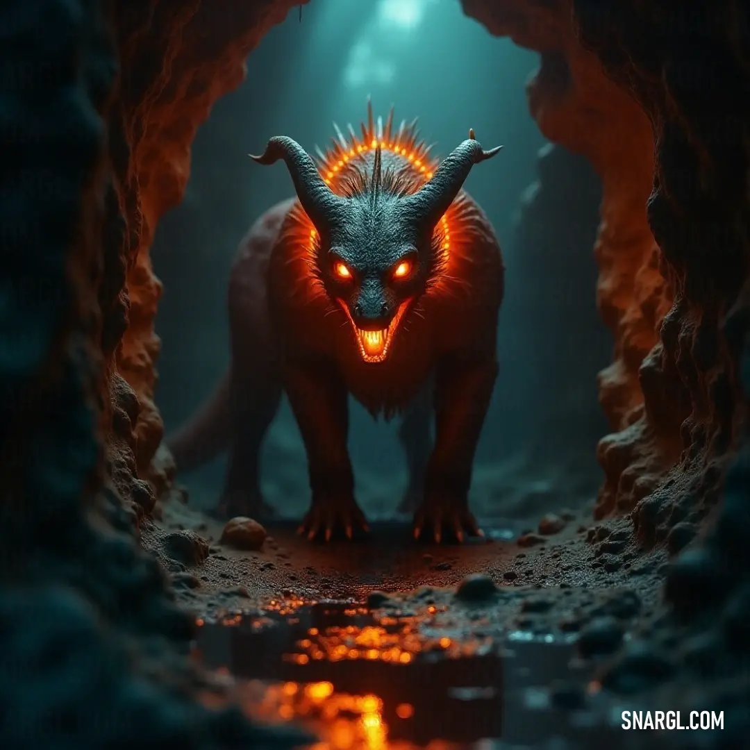 A mysterious monster with piercing glowing eyes lurks in a dim cave, illuminated by an otherworldly light radiating from its mouth and head, casting eerie shadows on the cave walls.