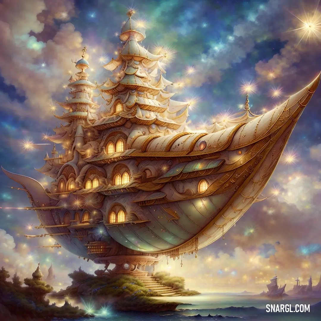 A majestic ship floats through the air, its sails billowing in the sky, seemingly suspended between clouds. The Bulgarian rose color enhances the dreamlike quality of the scene, evoking a sense of adventure and freedom.