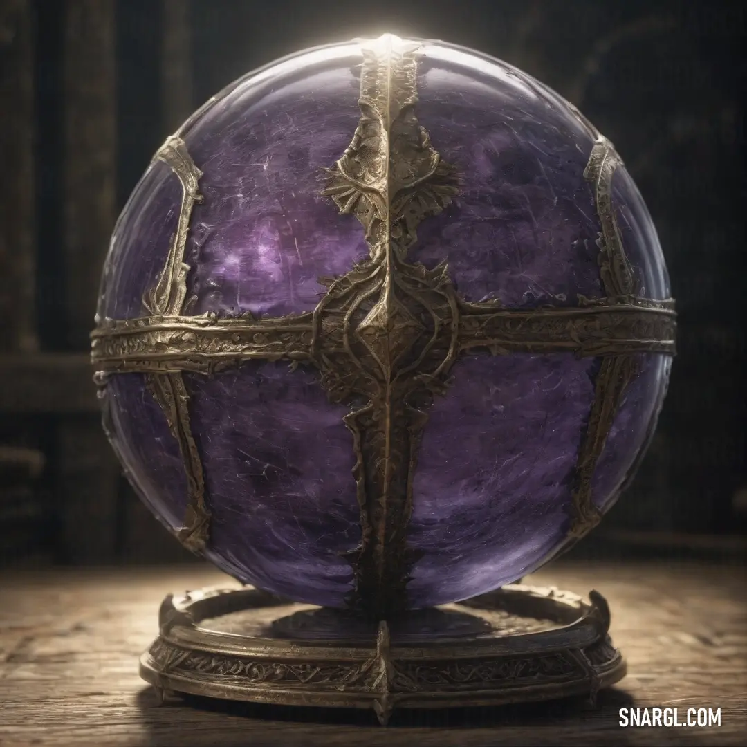 A purple ball with a distinct cross design rests on a stand, placed on a table in a dimly lit room. The light illuminates the ball's surface, creating a striking contrast with the dark room and adding an air of mystery to the scene.