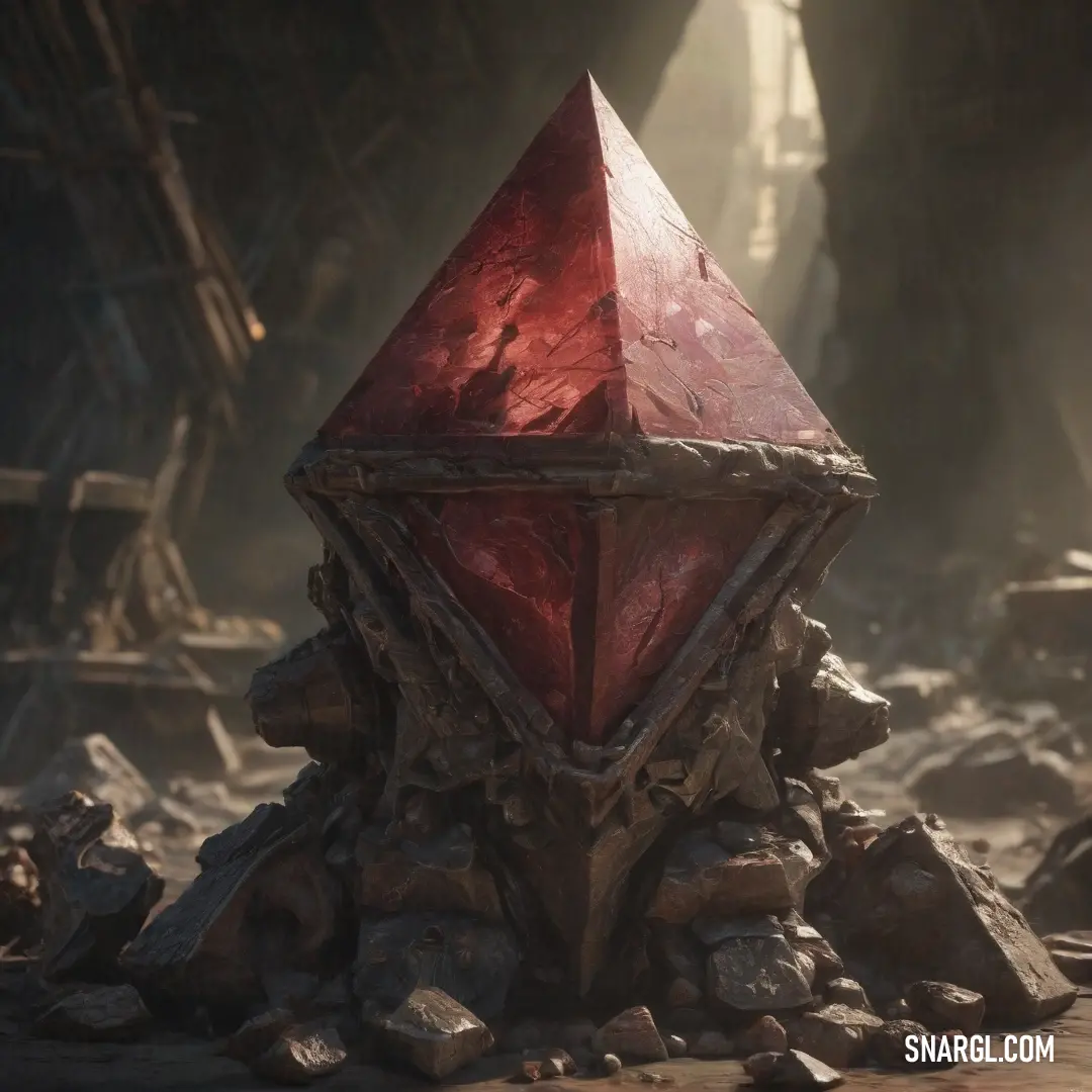 A red pyramid, perched atop a pile of rocks, catches the light in a dirty, rugged area. The stark red color contrasts with the surrounding earthy tones, creating a striking focal point in an otherwise gritty environment.