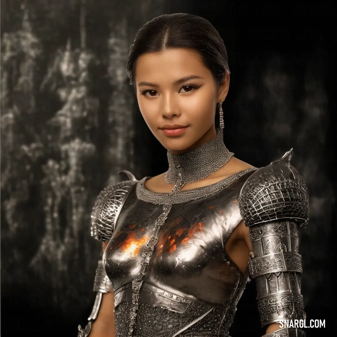 A striking portrait of a woman clad in elegant silver armor, standing confidently against a sleek black backdrop. The mystical allure of her armor glistens subtly, embodying a captivating blend of strength and beauty.