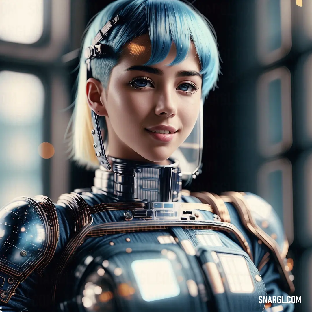 A woman in a robot suit stands tall, her vibrant blue hair contrasting with the polished metal of her suit. Her presence exudes both power and mystery, captured against a minimal background.