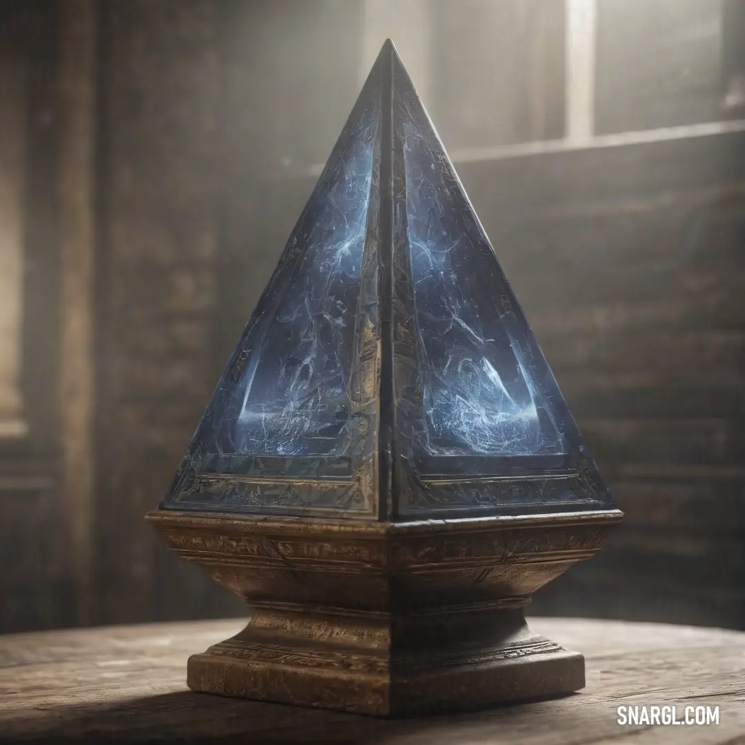 A glass pyramid rests atop a wooden table, surrounded by warm light and rustic wooden walls. The soft reflections on the glass create an elegant atmosphere in this calm, serene room.