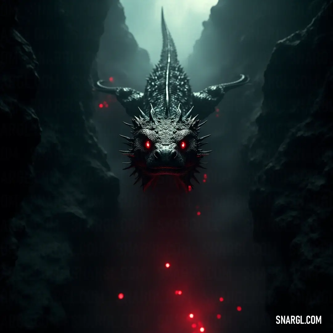 Enter a dark cave illuminated by eerie red lights, revealing a fearsome dragon with piercing red eyes, embodying both beauty and terror as it rests within its lair, a striking visual that captivates the imagination in its mysterious depths.