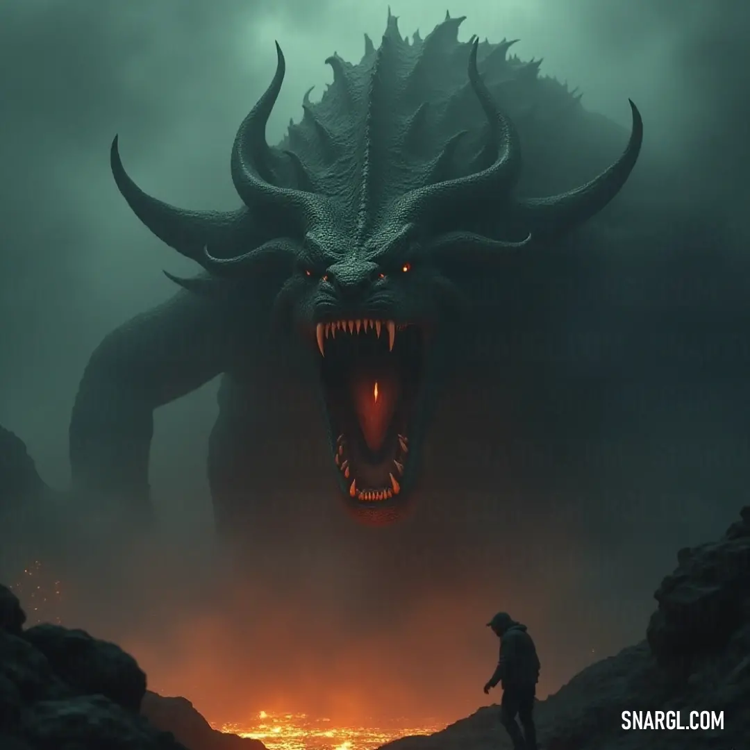 A courageous man stands defiantly before a towering demon, its menacing mouth agape and glowing eyes piercing the dark backdrop, creating a dynamic juxtaposition of bravery and fear in this vivid confrontation of forces.