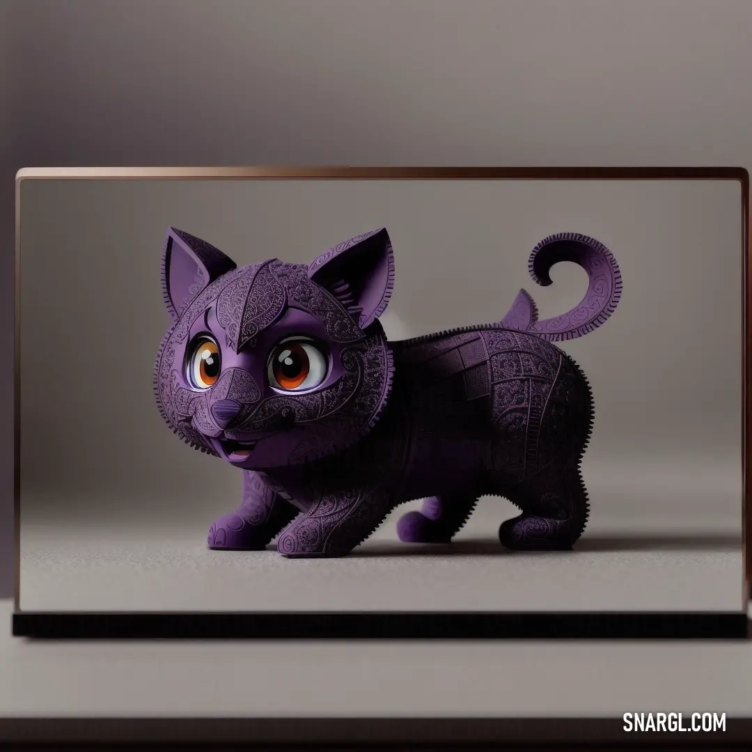 A curious purple cat with wide eyes stares back from within a mirror frame, its reflection adding a mysterious depth to the image. The rich color contrasts against its reflective surface.