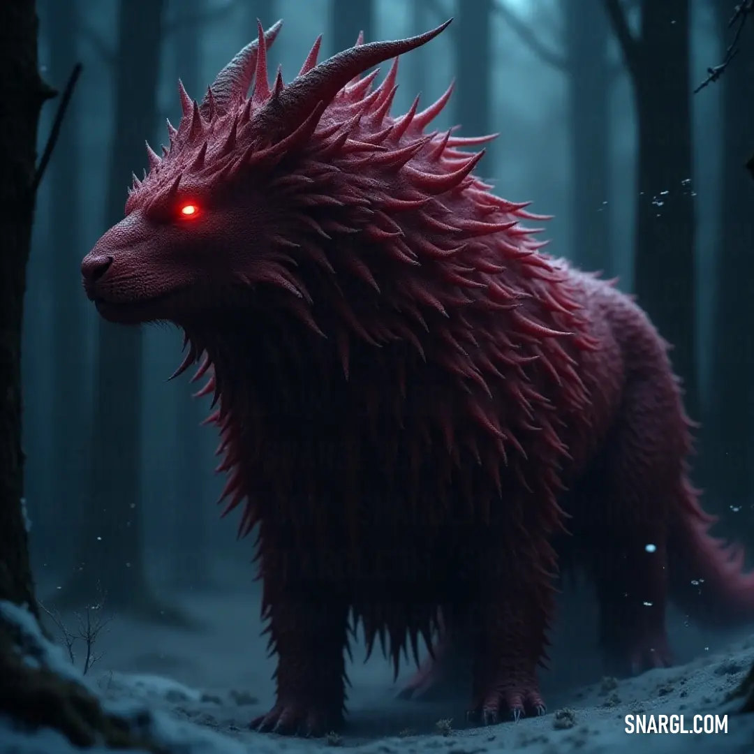 A mysterious red creature with pulsating glowing eyes lurks in a dark forest blanketed in snow. The ethereal glow illuminates its presence, igniting a sense of intrigue and haunting beauty within a serene, wintry landscape.