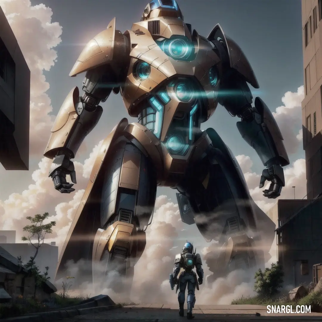 A futuristic robot hovers in mid-air, while a man walks behind it, with clouds drifting by above a tall building. The sky’s colors create a surreal atmosphere, blending humanity and technology.